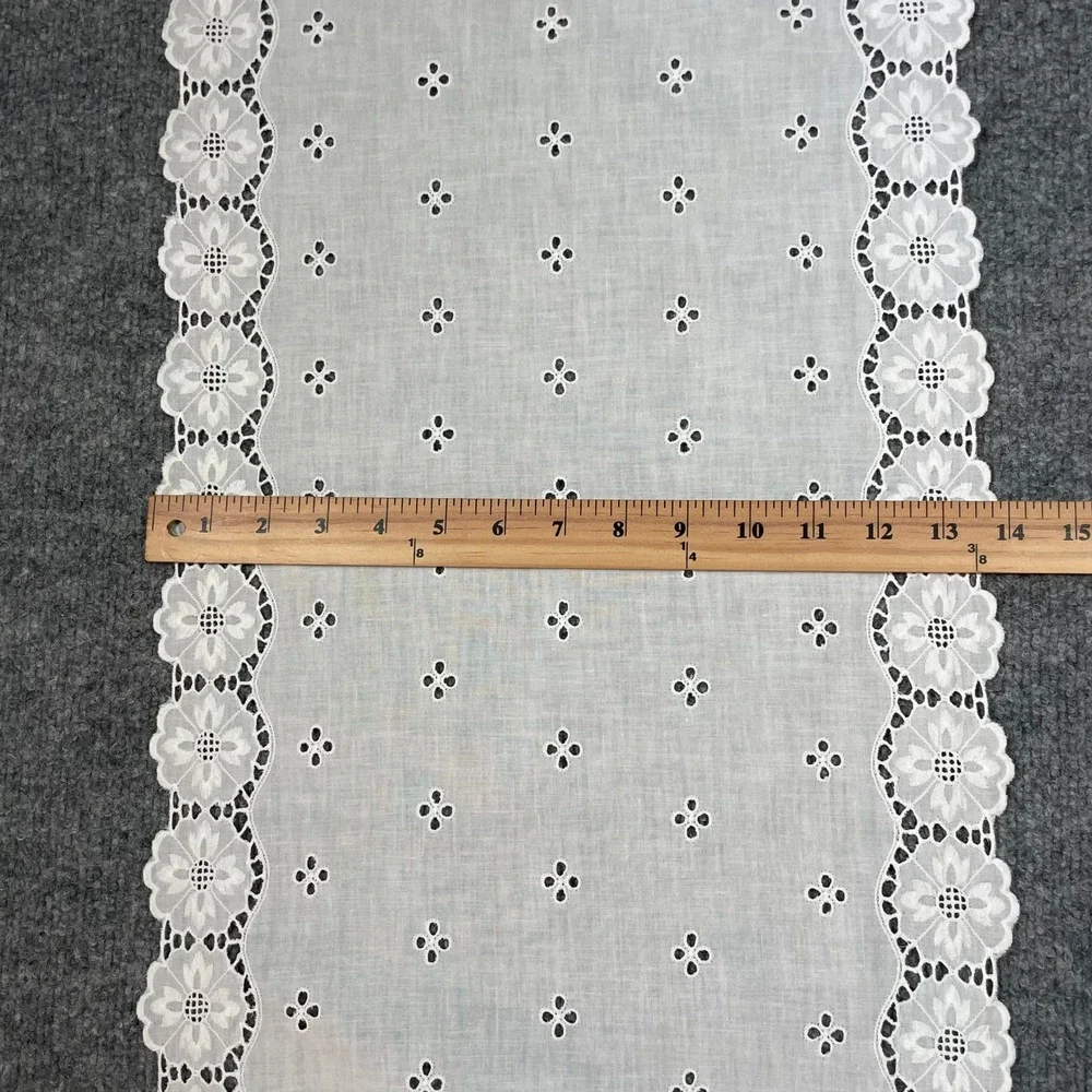 Antique Table Runner 41x13.5 White Floral Eyelet Scalloped Lace Vintage Doilies